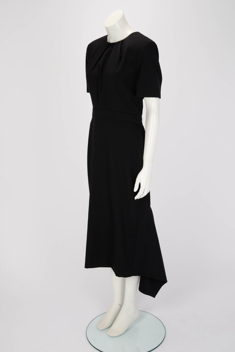 Alexander McQueen Black Wool Pleat Detail Midi Dress IT 48