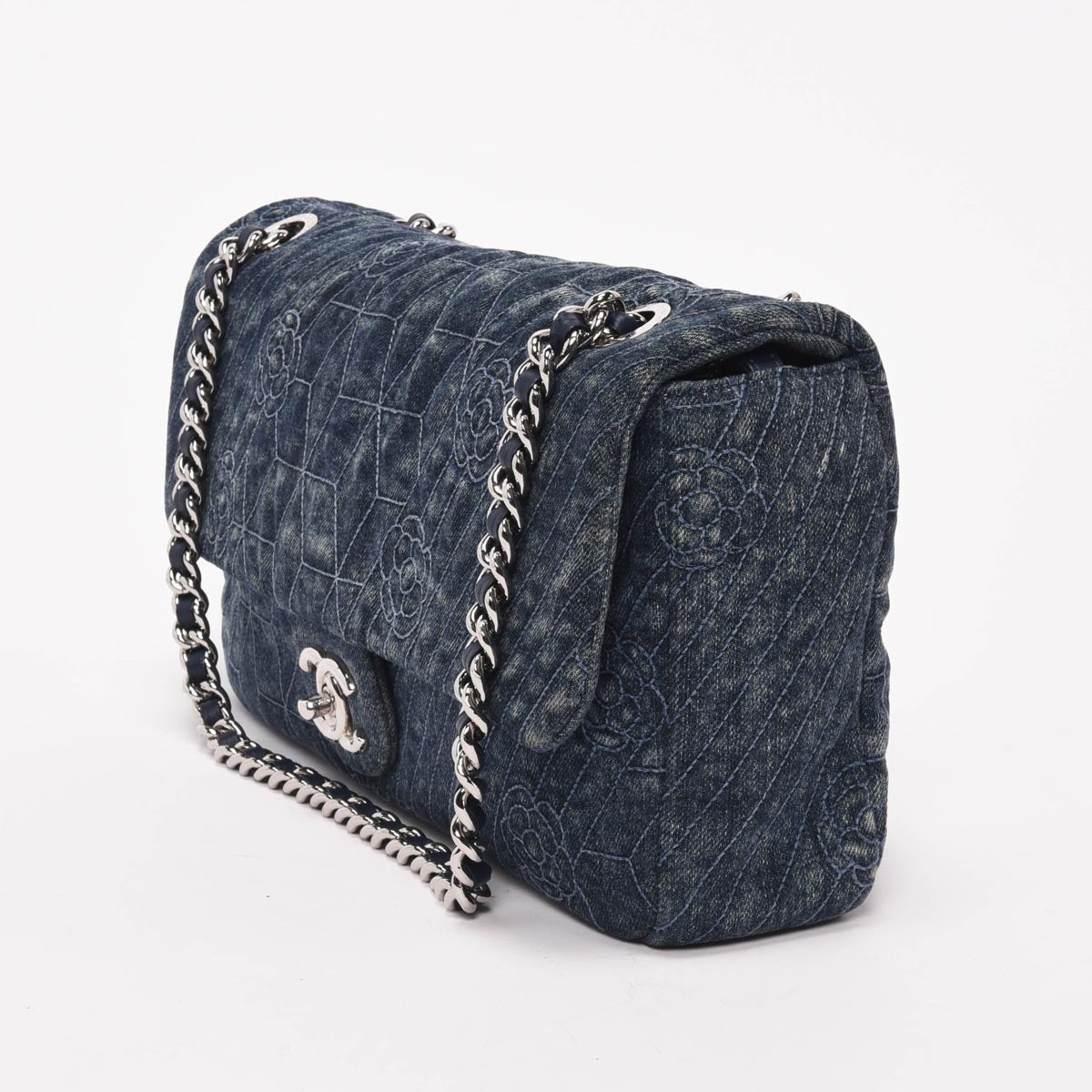 Chanel Dark Blue Denim Camellia Embroidered Large Flap Bag