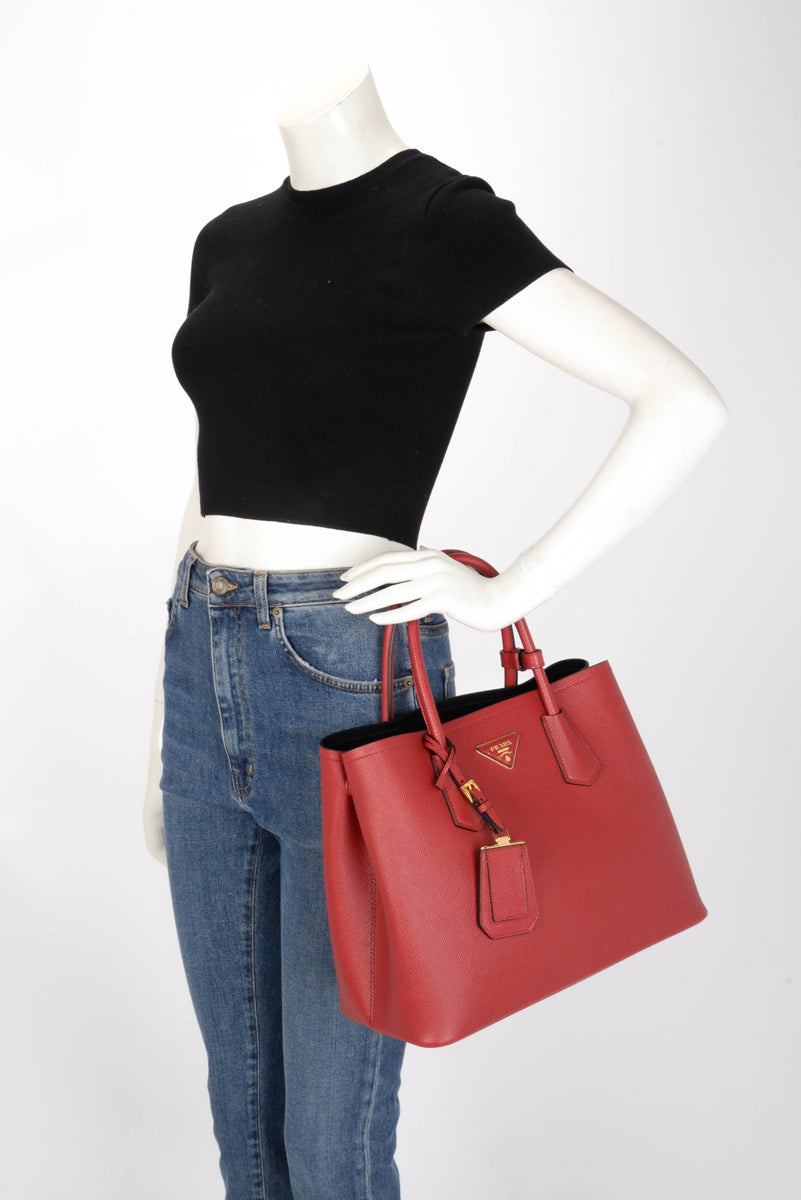 Prada Red Saffiano Cuir Medium Double Bag