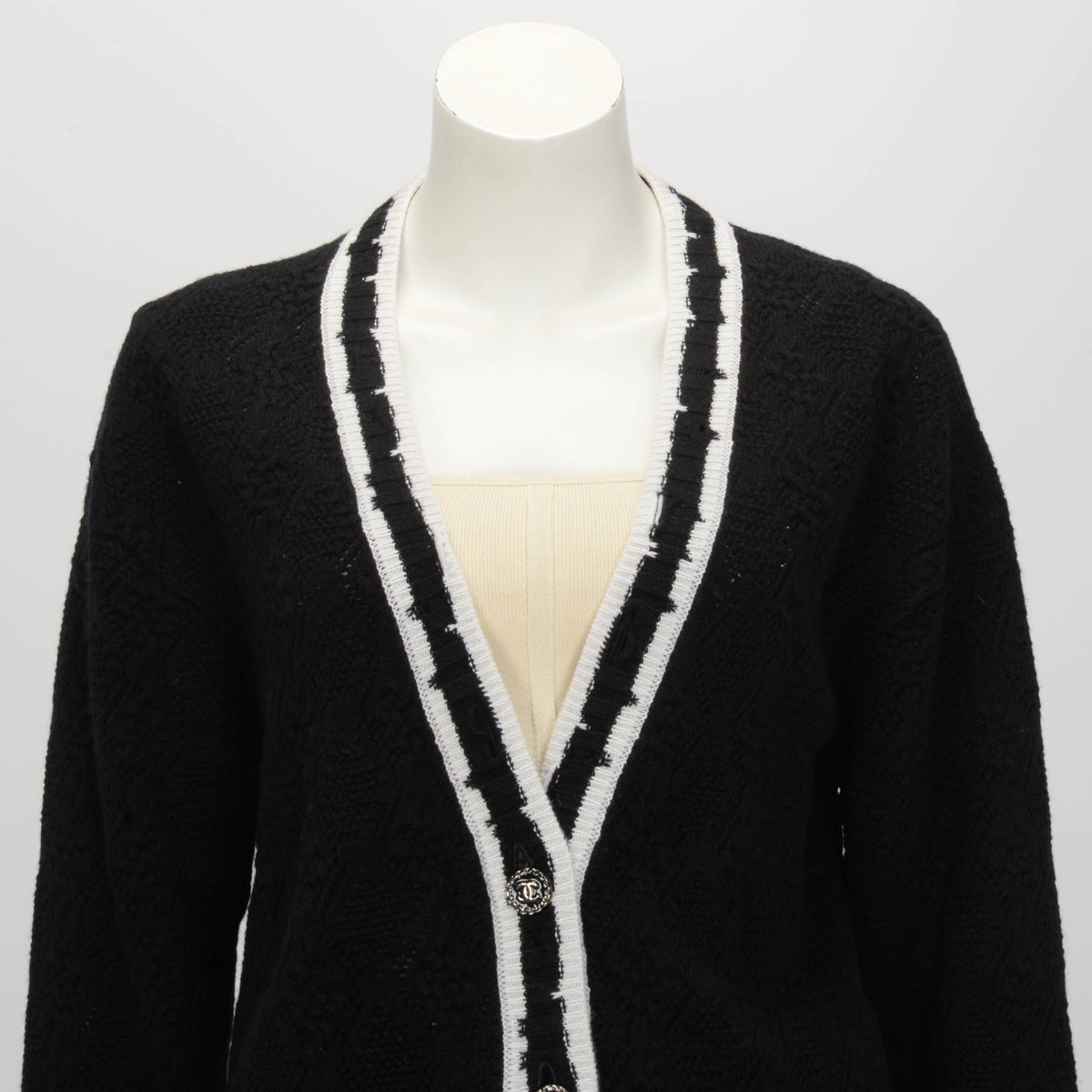 Chanel Black & White Cashmere Knit Striped CC Cardigan FR 38