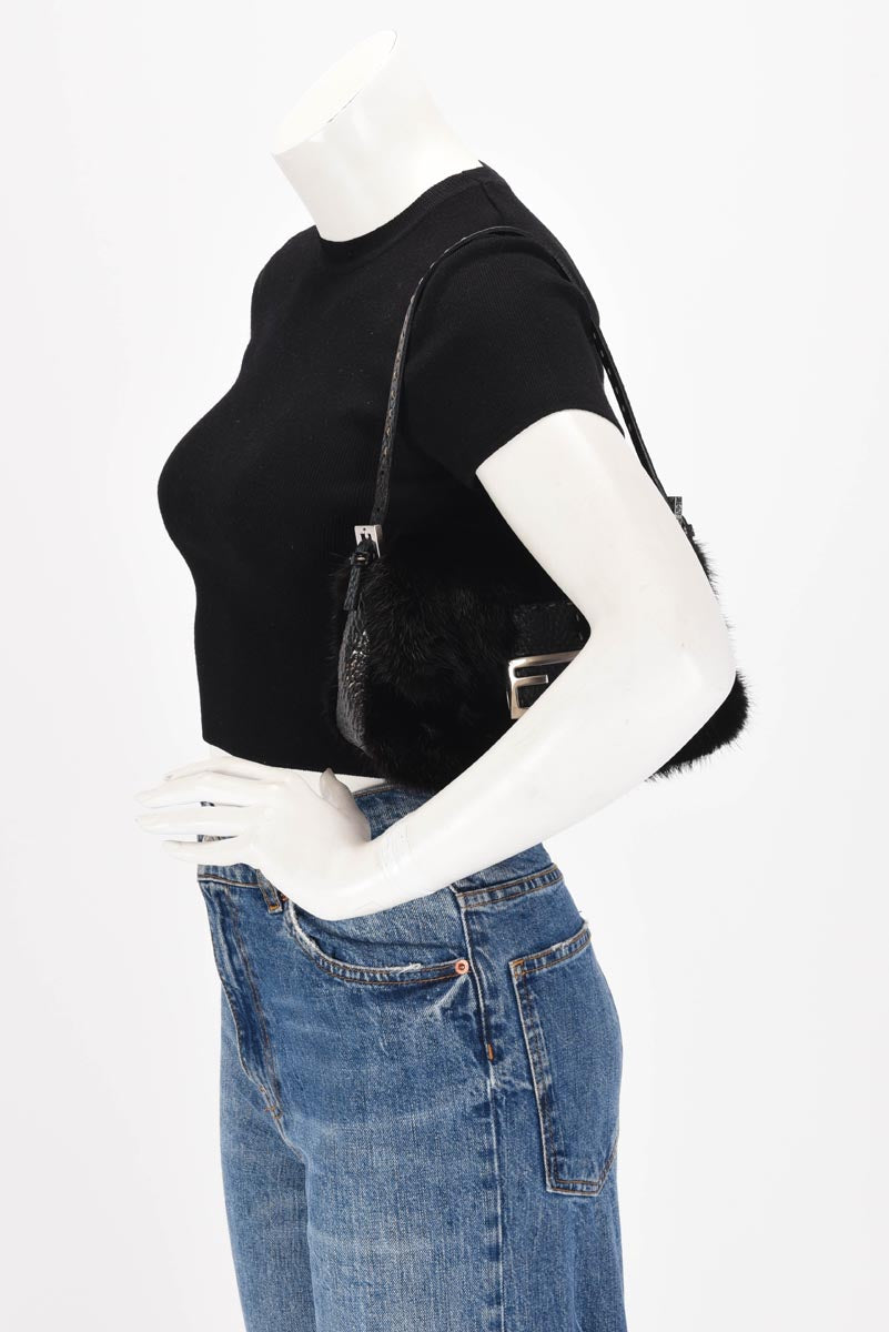 Fendi Black Fur Selleria Mini Baguette Bag