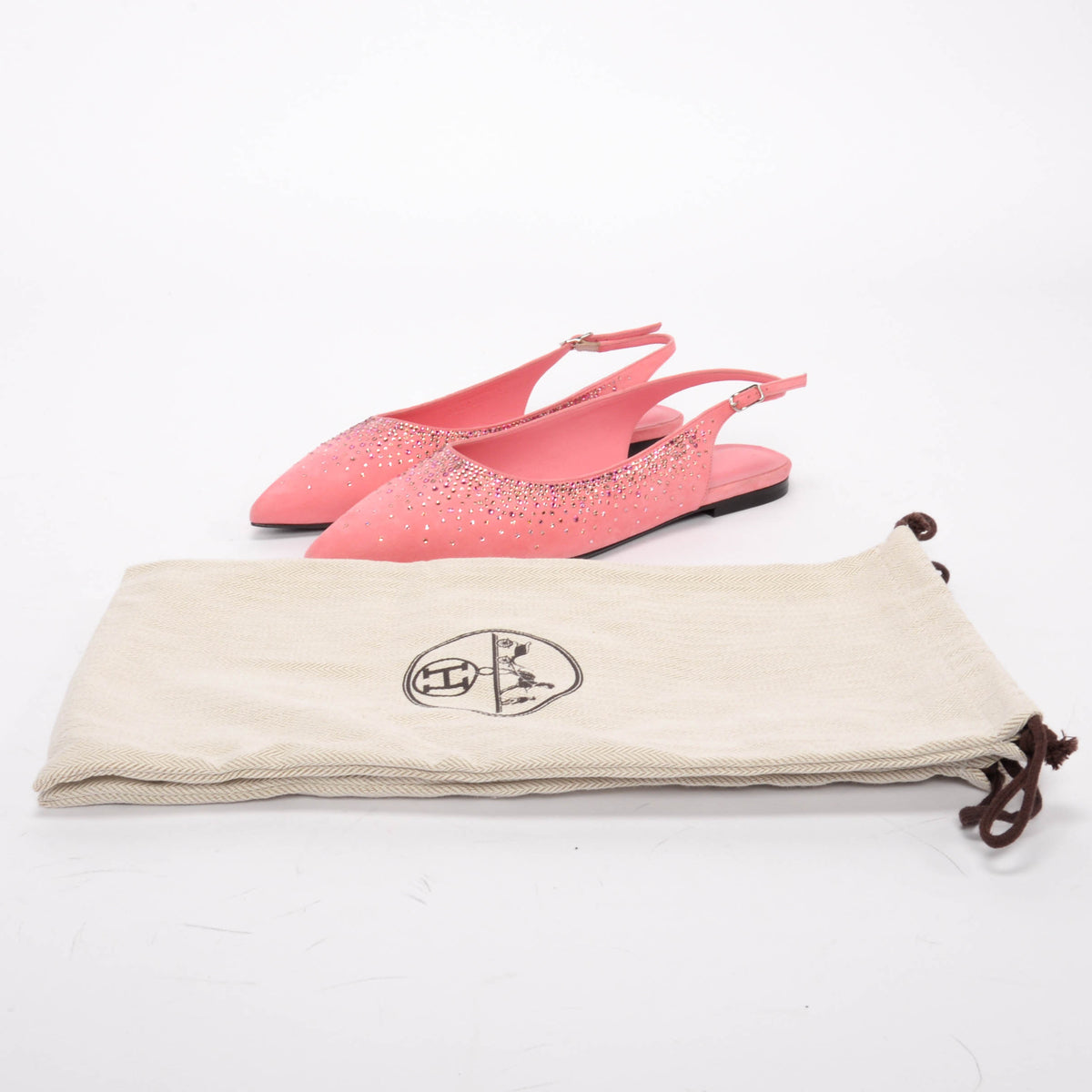 Hermes Rose Jaipur Suede & Strass Brilliante Slingback Flats 39