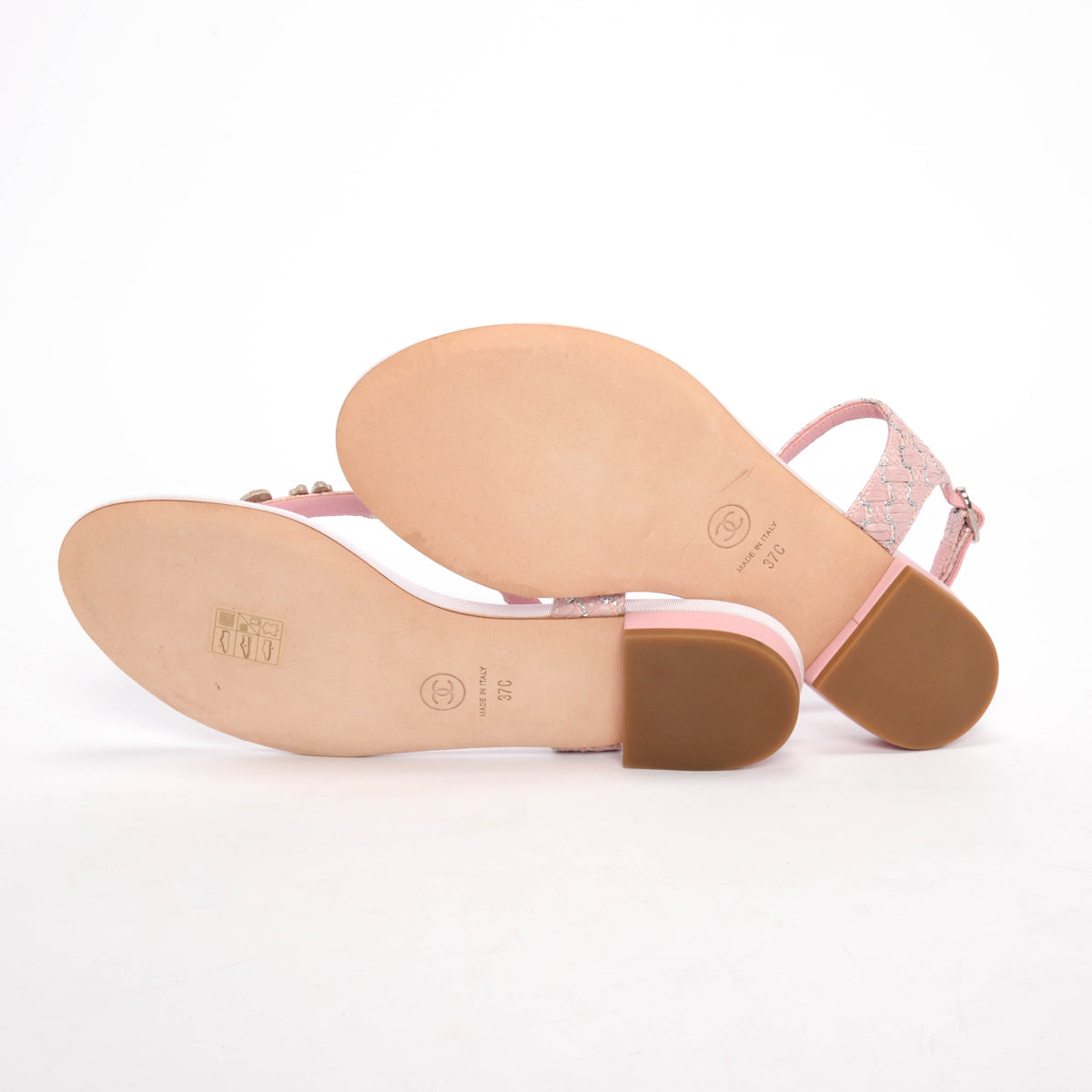 Chanel Pink Raffia CC Charms Thong Sandals 37