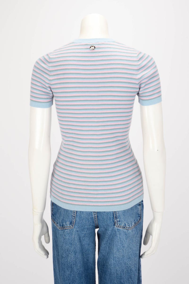Chanel Blue Cashmere & Mohair Striped Short-Sleeved Top FR 38