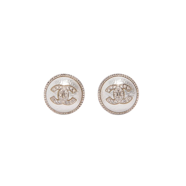 Chanel Silver Crystal & Pearl Round CC Clip-On Earrings