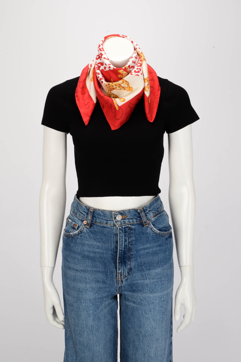 Cartier Red Silk Panther Print Scarf