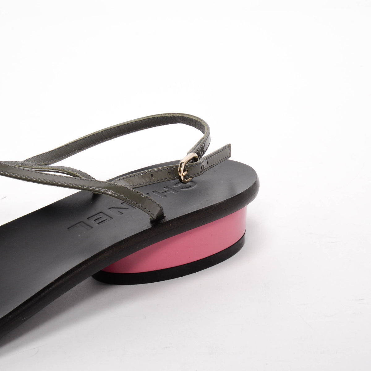 Chanel Khaki & Pink Patent CC Thong Sandals 37