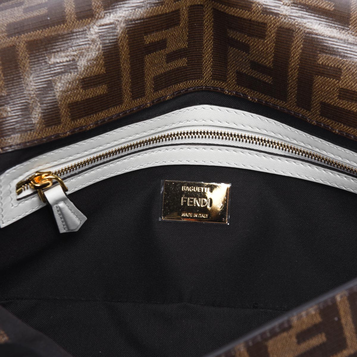 Fendi Tobacco & White Zucca Canvas Cage Baguette Bag