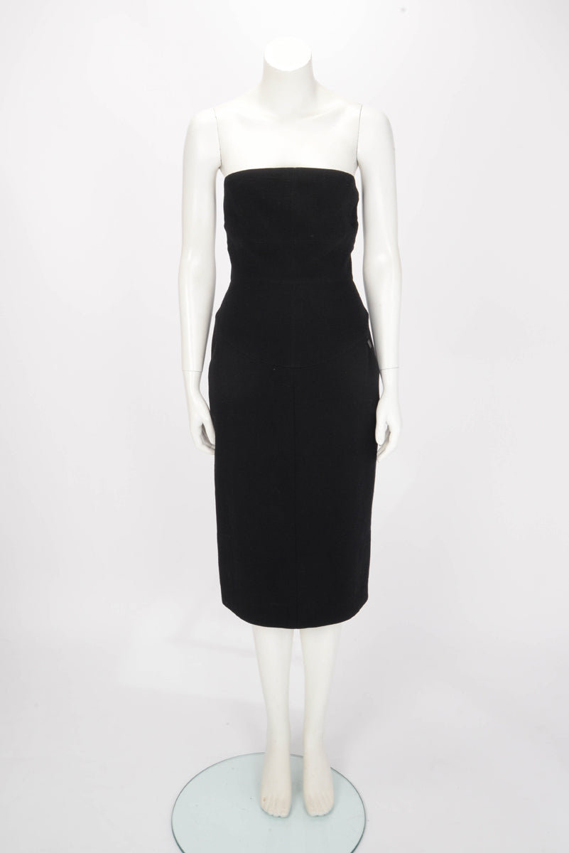 Chanel Black Wool Strapless Dress + Silk Cape FR 40