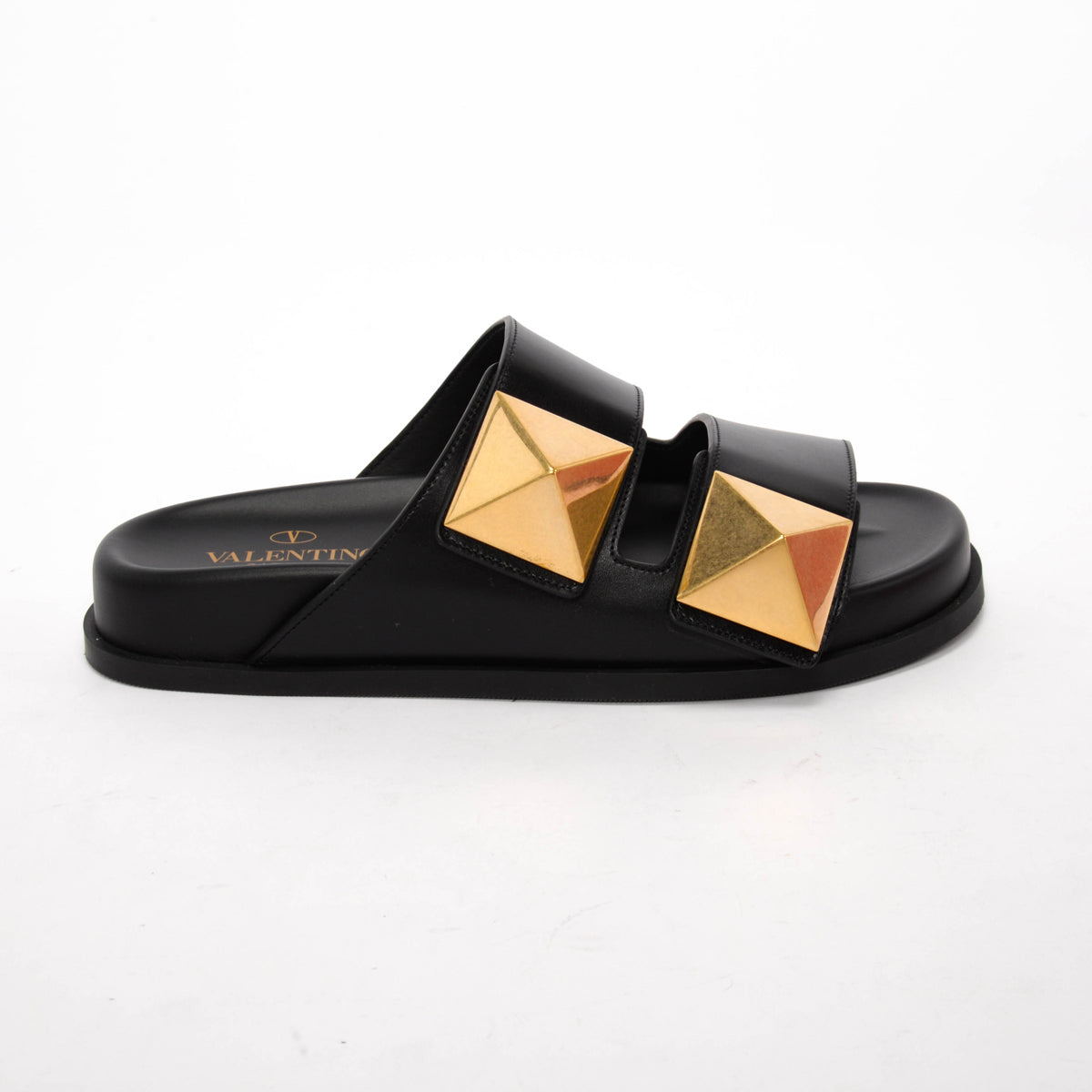 Valentino Black Calfskin One Stud Slides 36