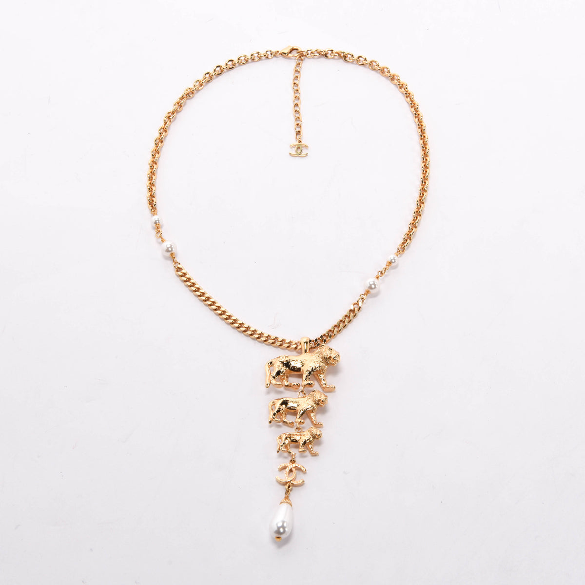Chanel Gold Pearl 3 Lions CC Necklace