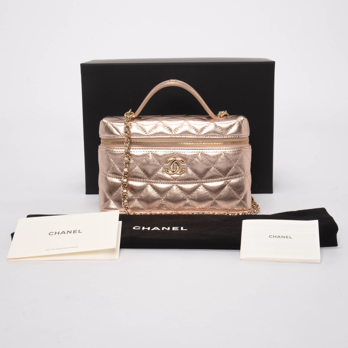 Chanel Rose Gold Quilted Caviar Top Handle Slim Vanity Case