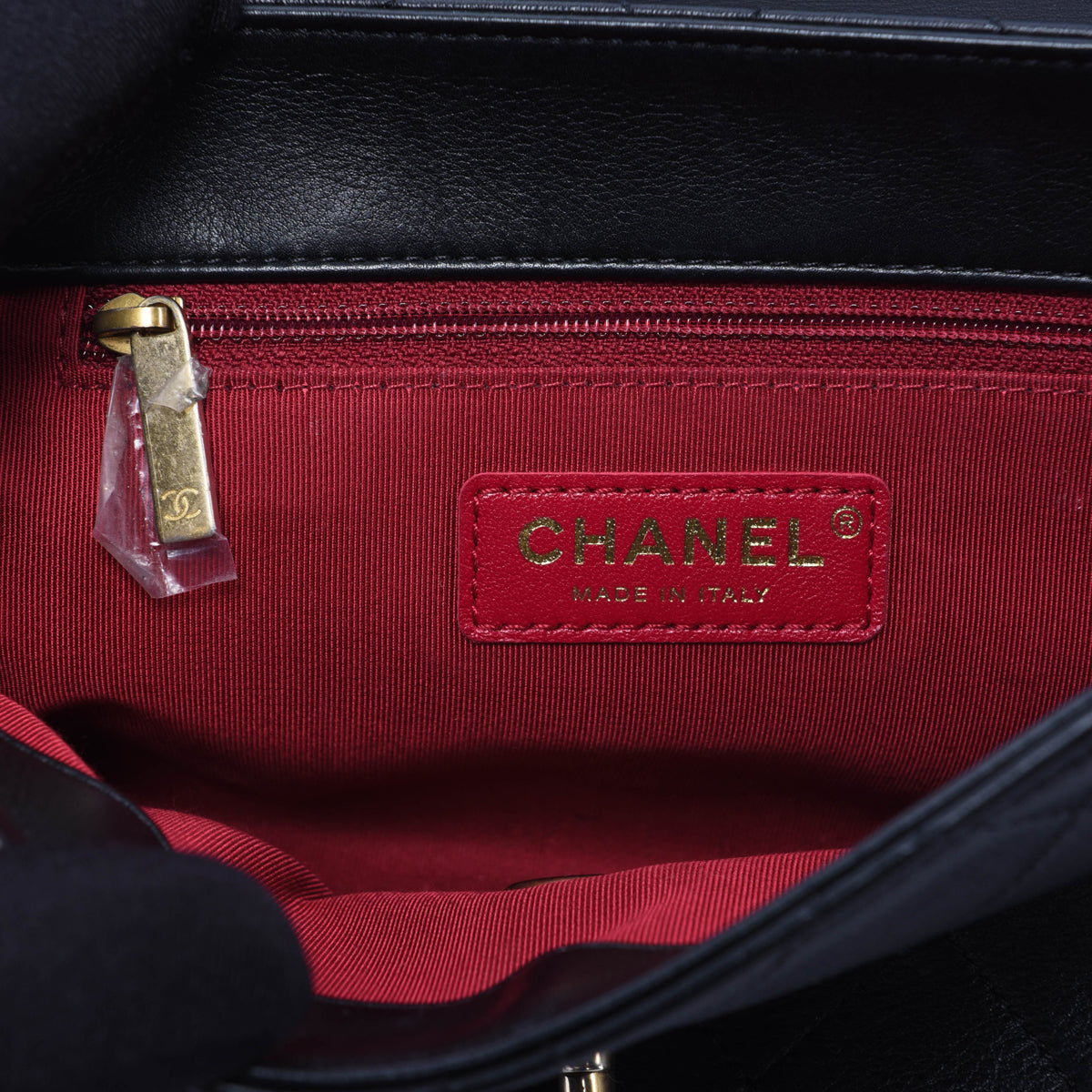 Chanel Black Calfskin Pearl Logo Top Handle Flap Bag
