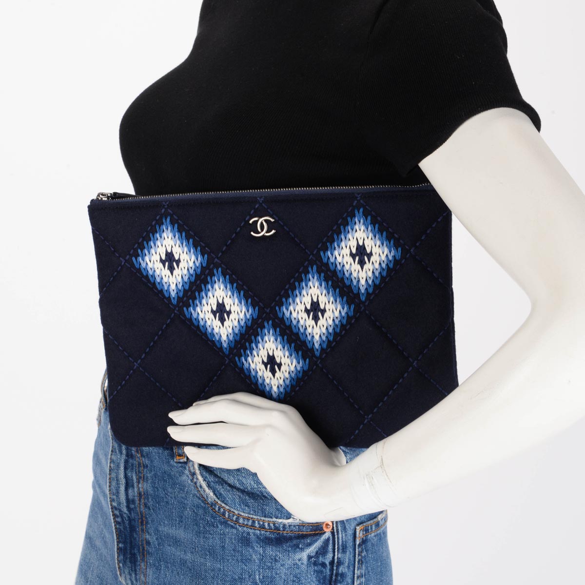 Chanel Navy Embroidered Felt Medium O-Case