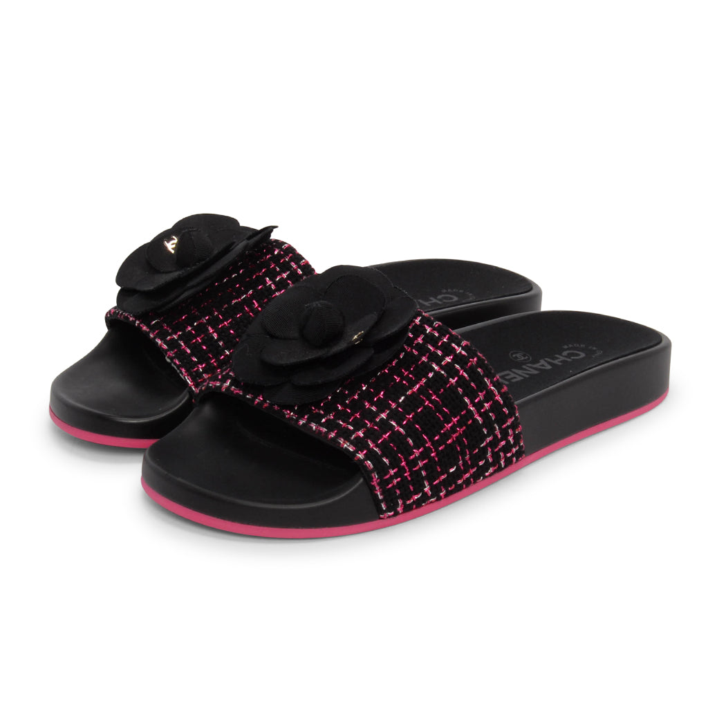 Chanel Black & Pink Tweed Camellia Slides 37