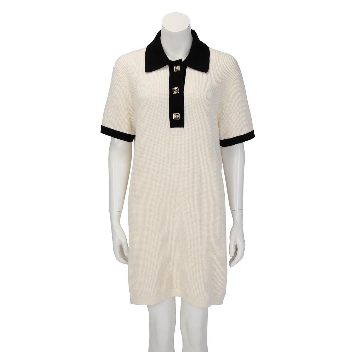 Chanel Cream & Black Waffle Knit Polo Mini Dress FR 40 Chanel Cream & Black Waffle Knit Polo Mini Dress FR 40