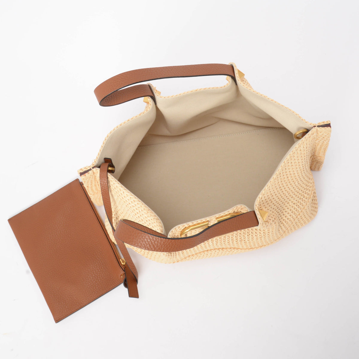 Valentino Tan Calfskin & Raffia Medium Rockstud VLogo Tote