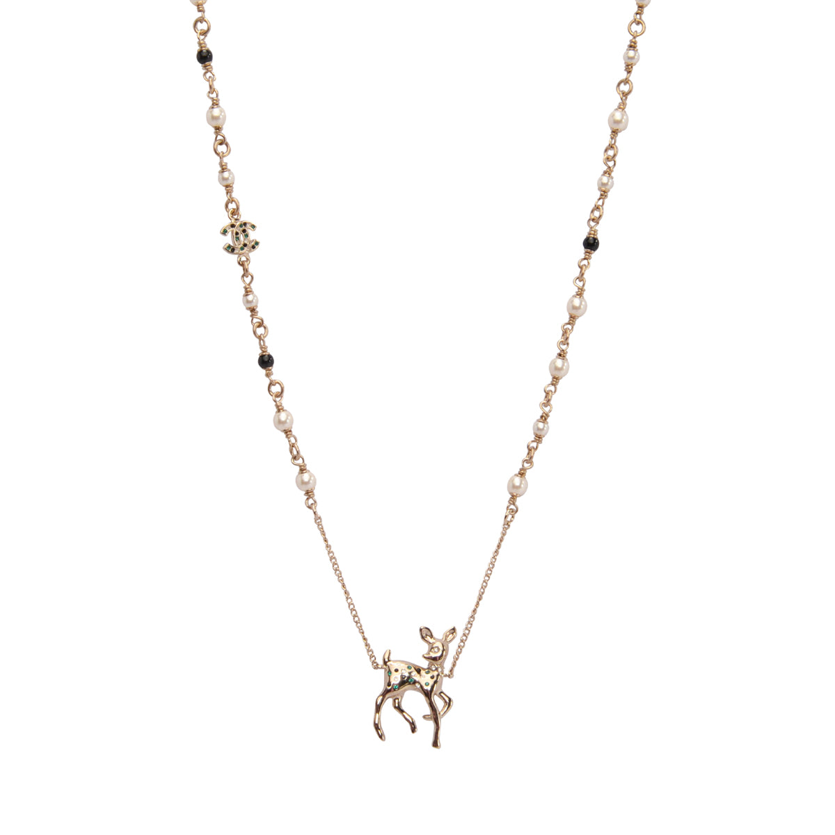 Chanel Light Gold & Emerald Crystal & Pearl Deer Pendant Necklace