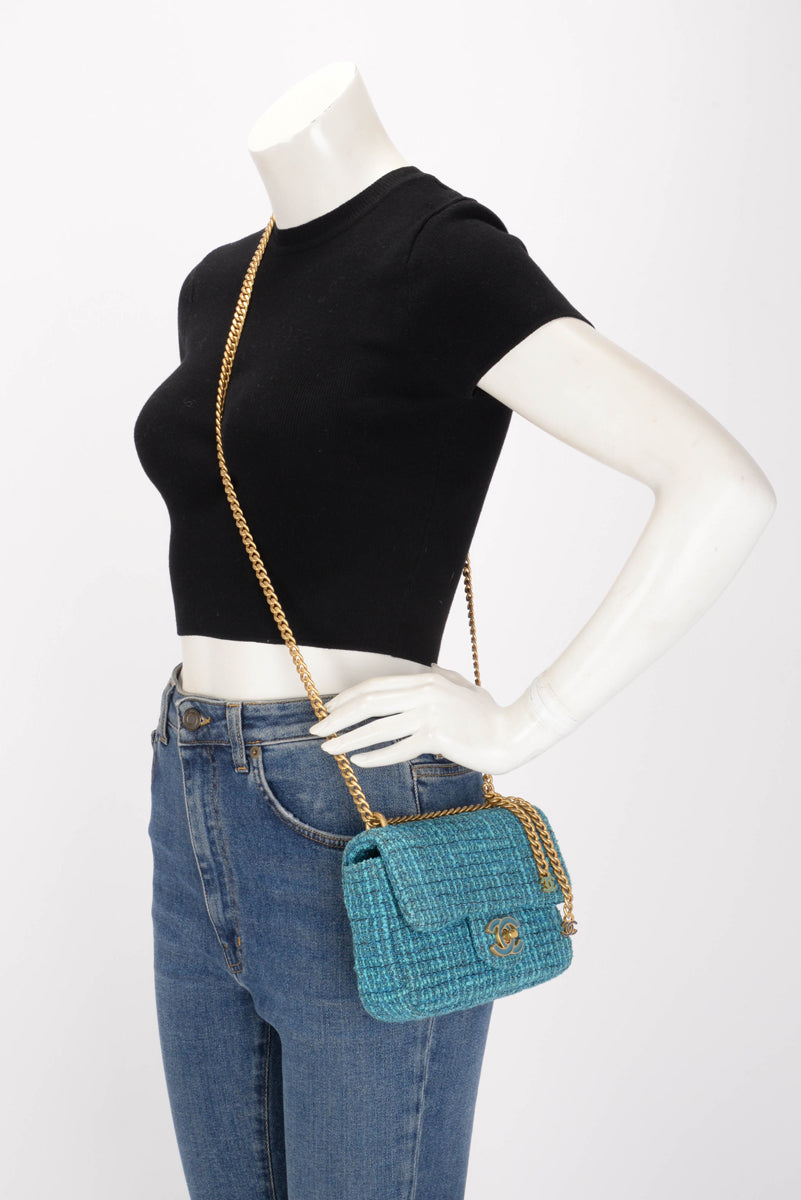 Chanel Teal Tweed CC Tassel Mini Bag