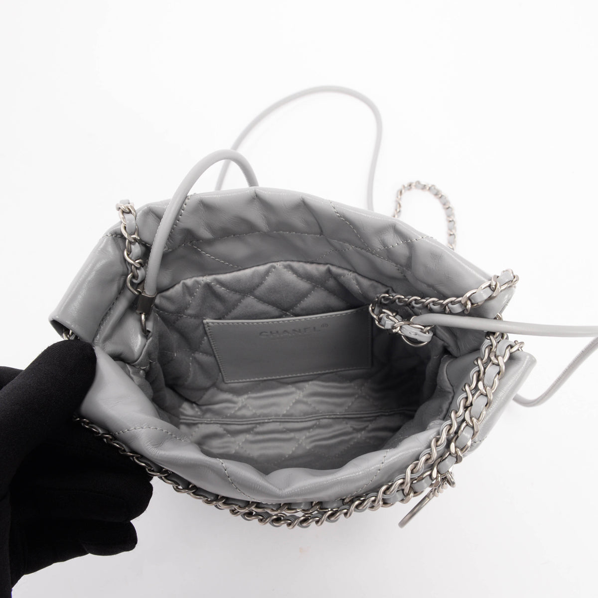 Chanel Light Grey Shiny Calfskin Mini 22 Bag