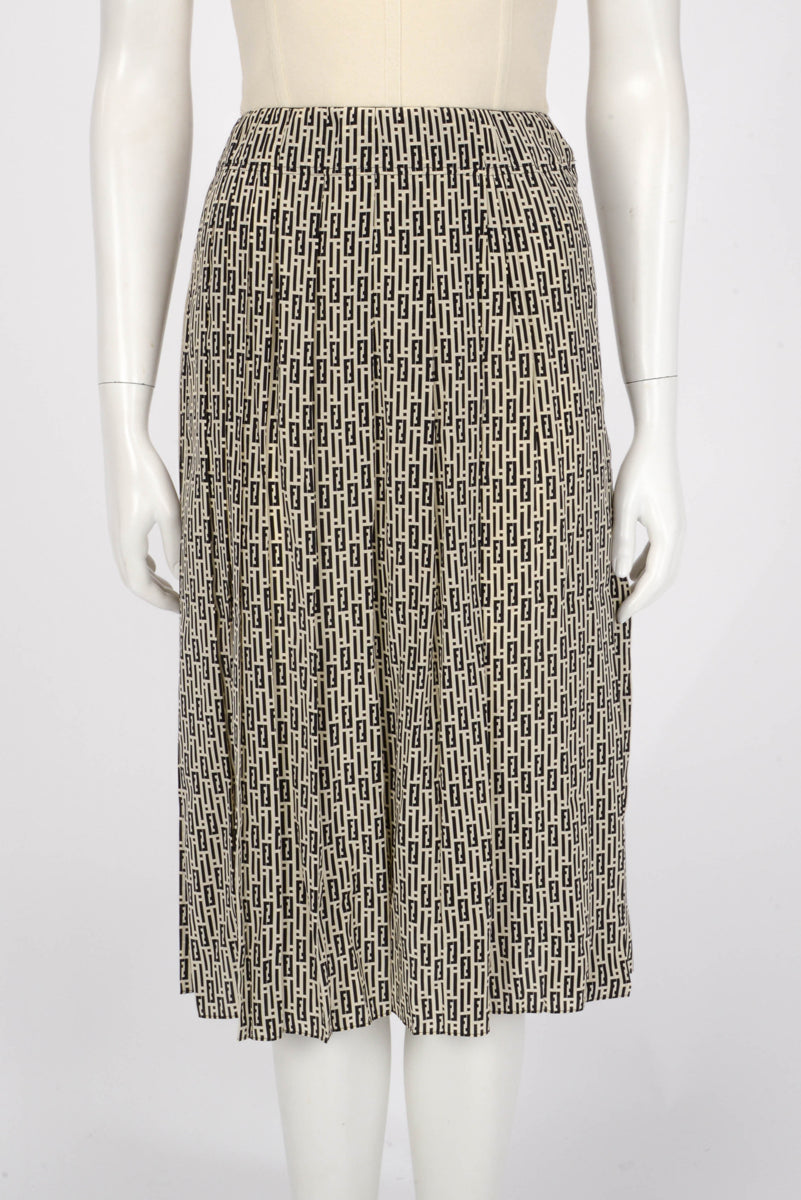 Fendi Black & Ivory Silk FF Print Pleated Skirt IT 36