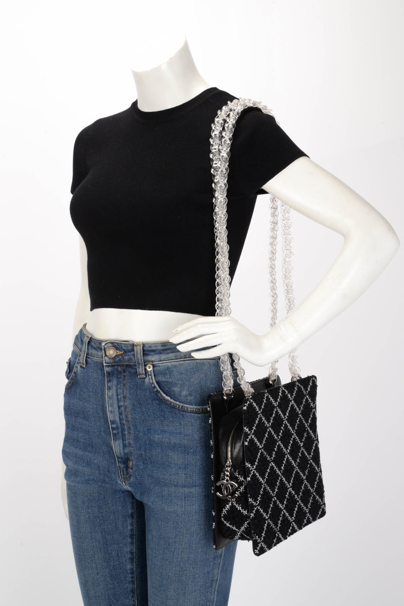 Chanel Black & White Diamond Tweed Resin Chain Shoulder Bag