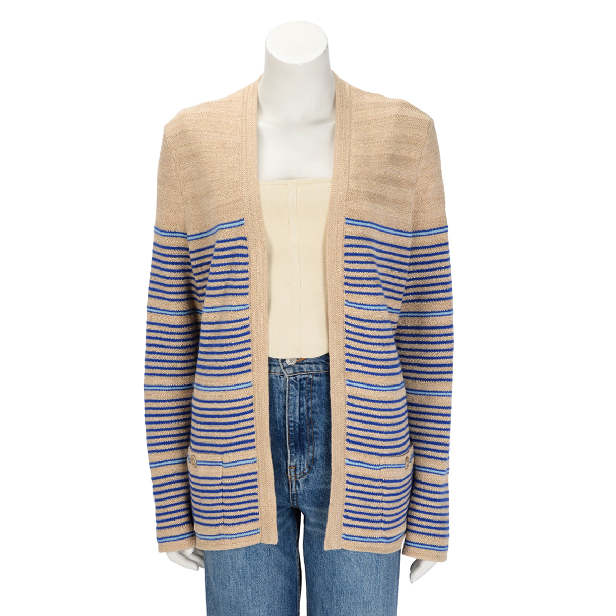 Chanel Beige & Blue Metallic Knit Striped Cardigan FR 48