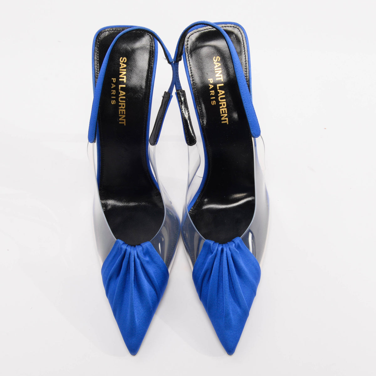 Saint Laurent Blue Satin & PVC Riqua Slingback Pumps 38.5