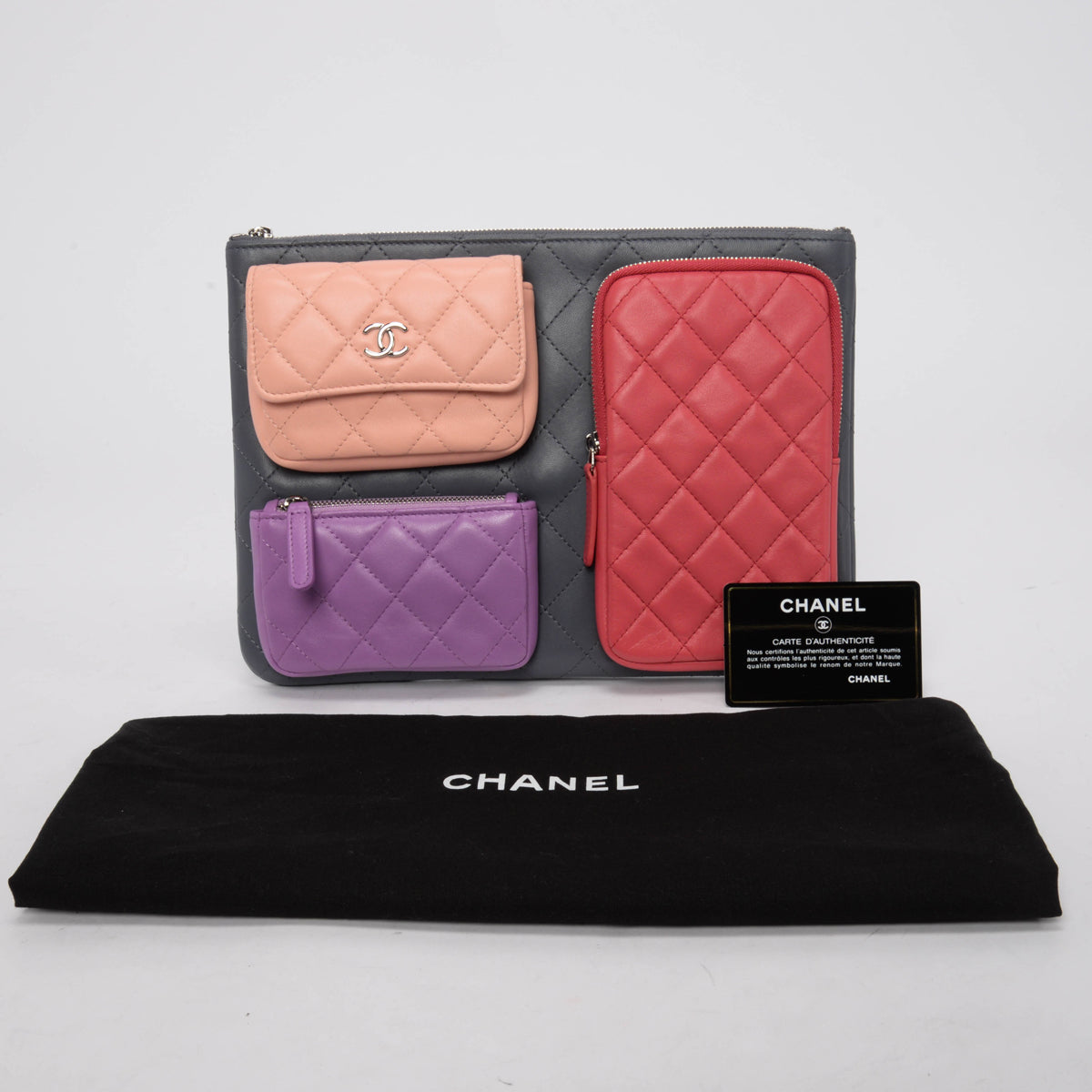 Chanel Grey Quilted Lambskin O-Case Multi Pouch