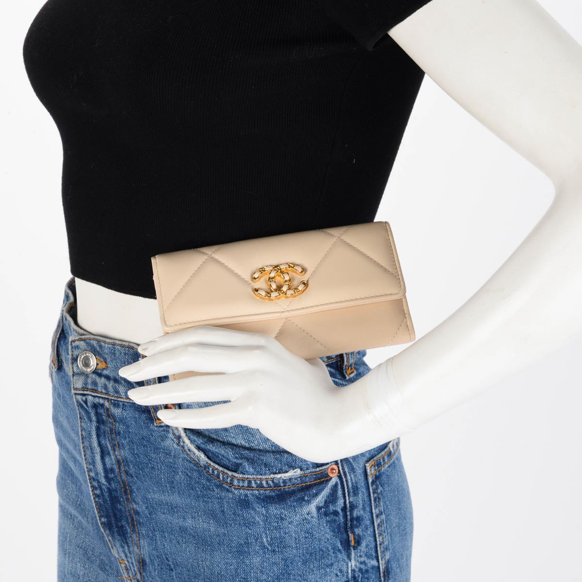 Chanel Beige Quilted Goatskin 19 Flap Wallet