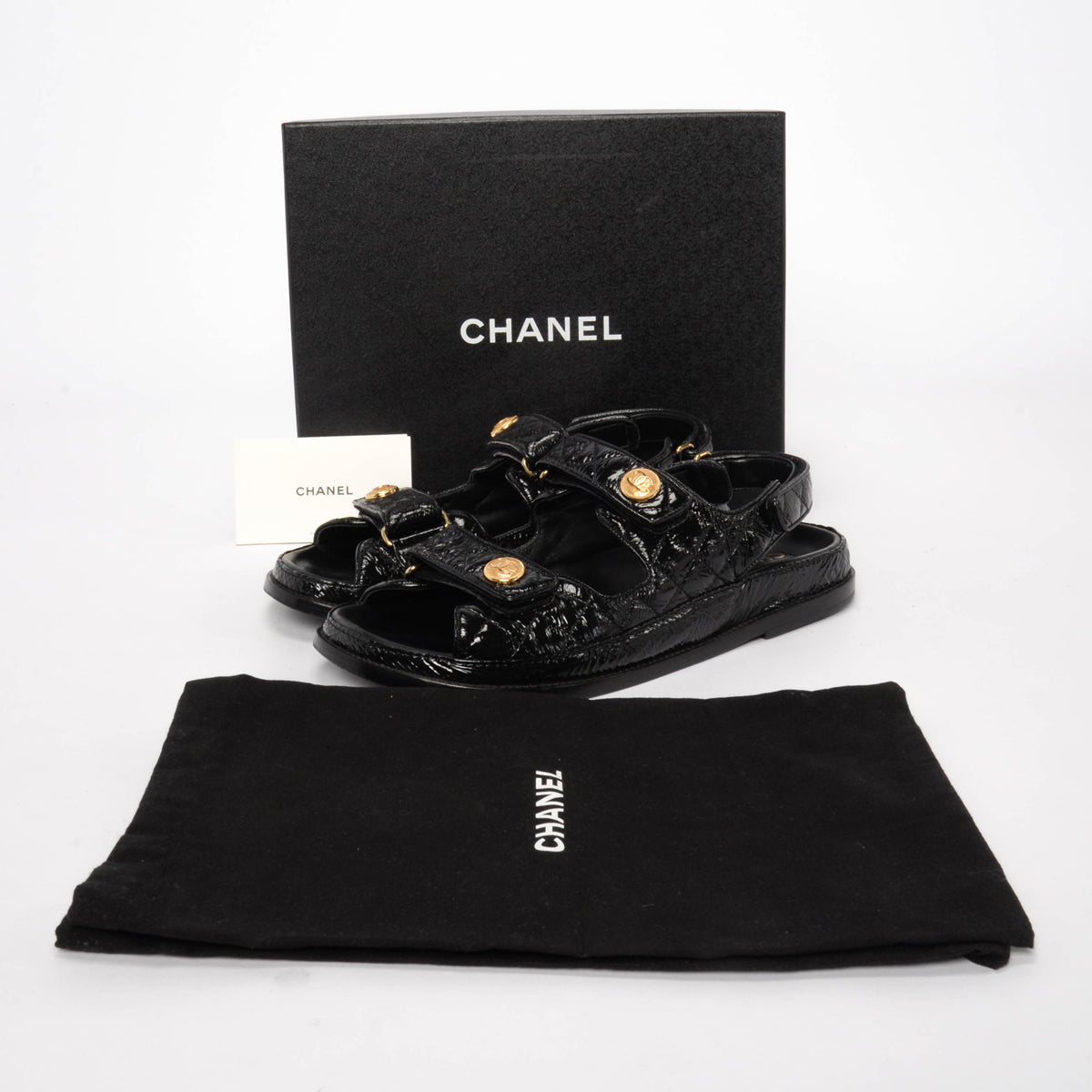 Chanel Black Crinkled Patent Dad Sandals 41.5