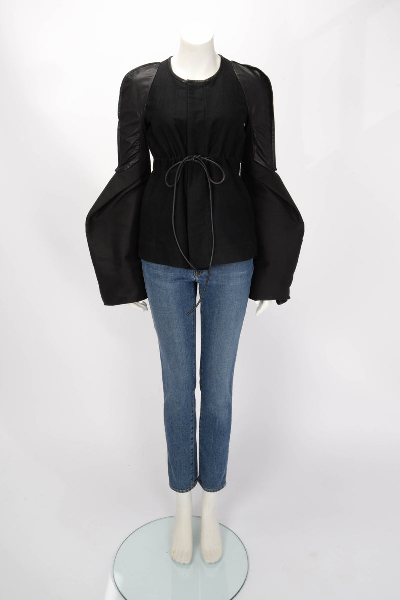 Rick Owens Black Cotton & Leather Bell Sleeve Jacket IT 44