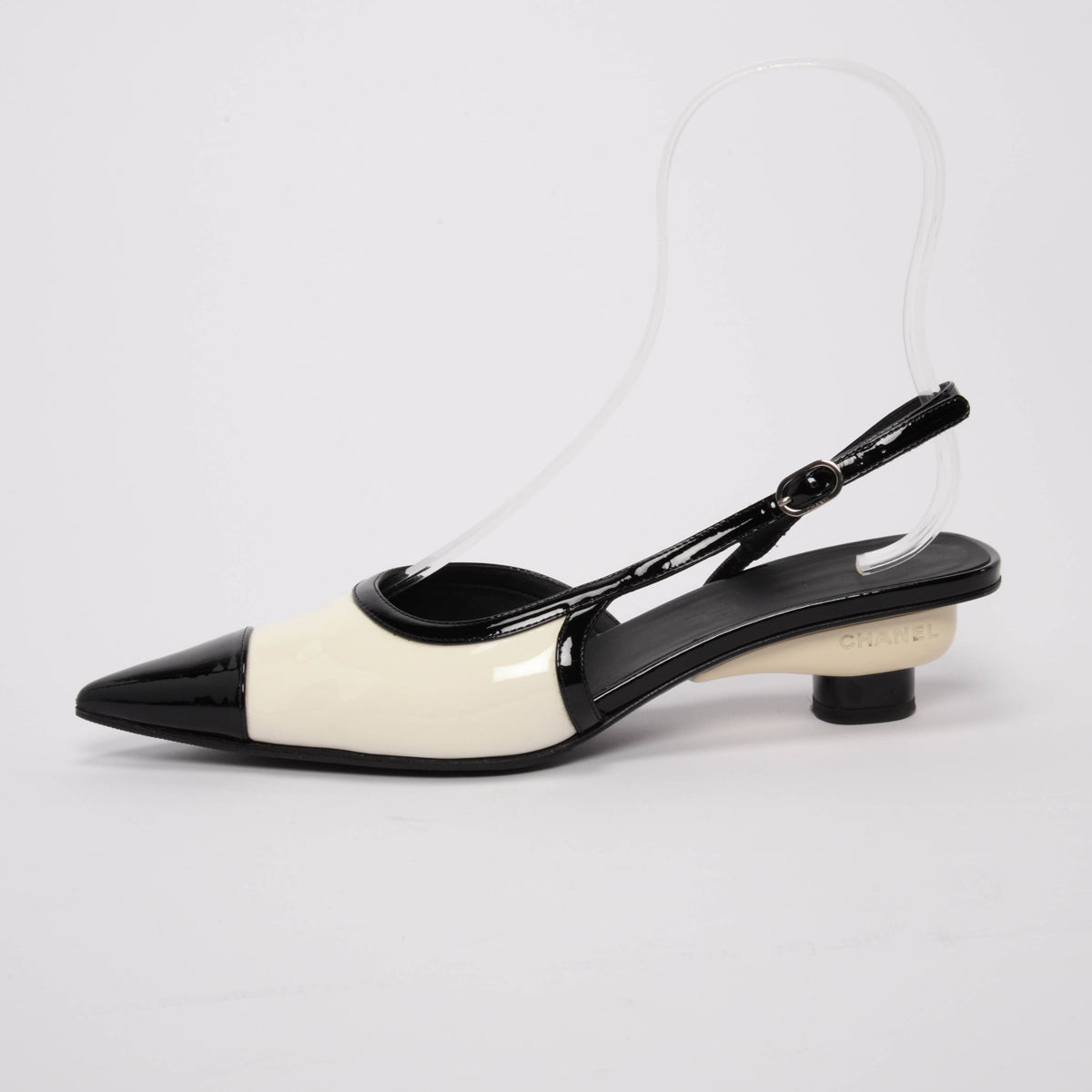Chanel Black & White Patent Cap Toe Slingback Pumps 39.5