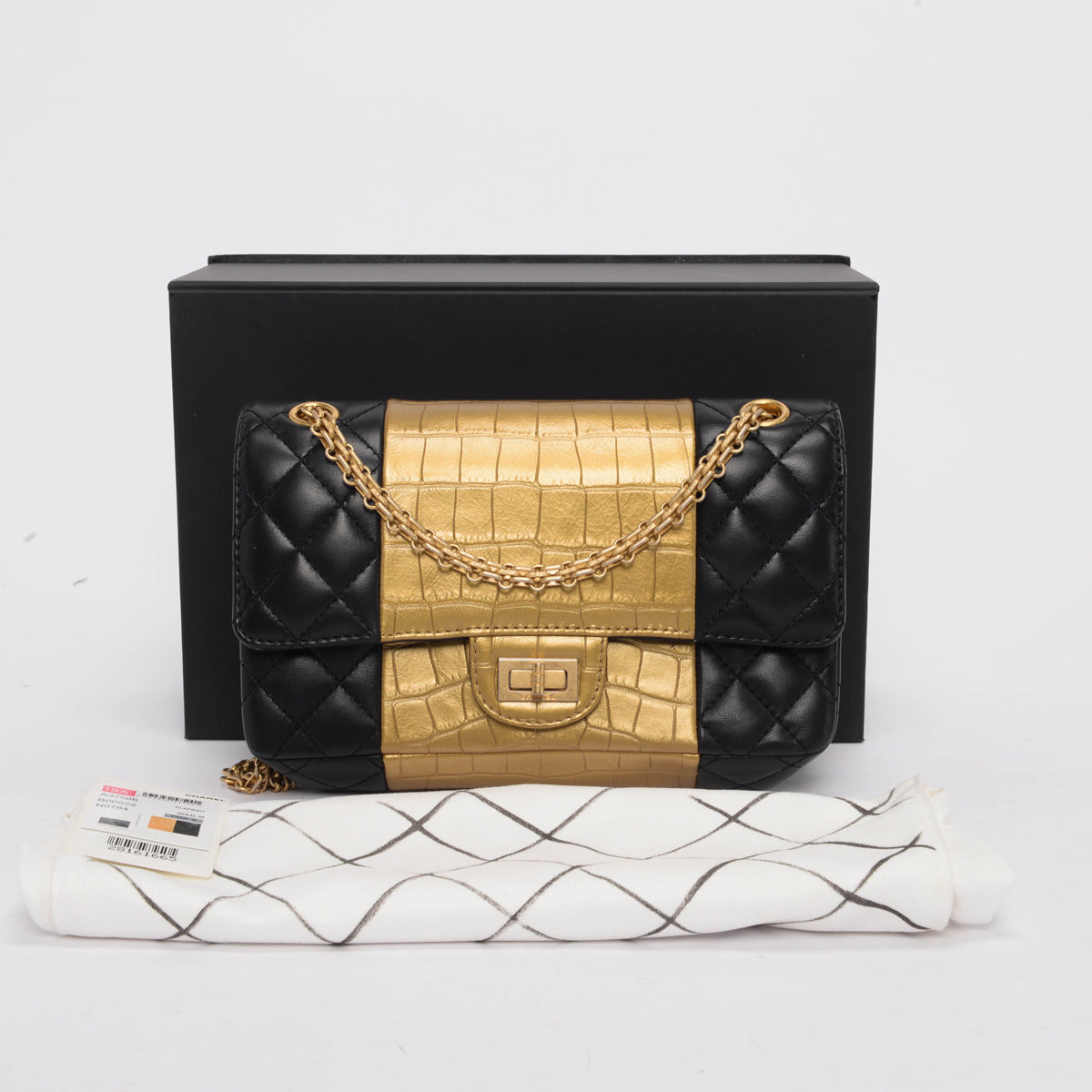 Chanel Black Lambskin Croc Embossed 2.55 Reissue 225 Flap Bag