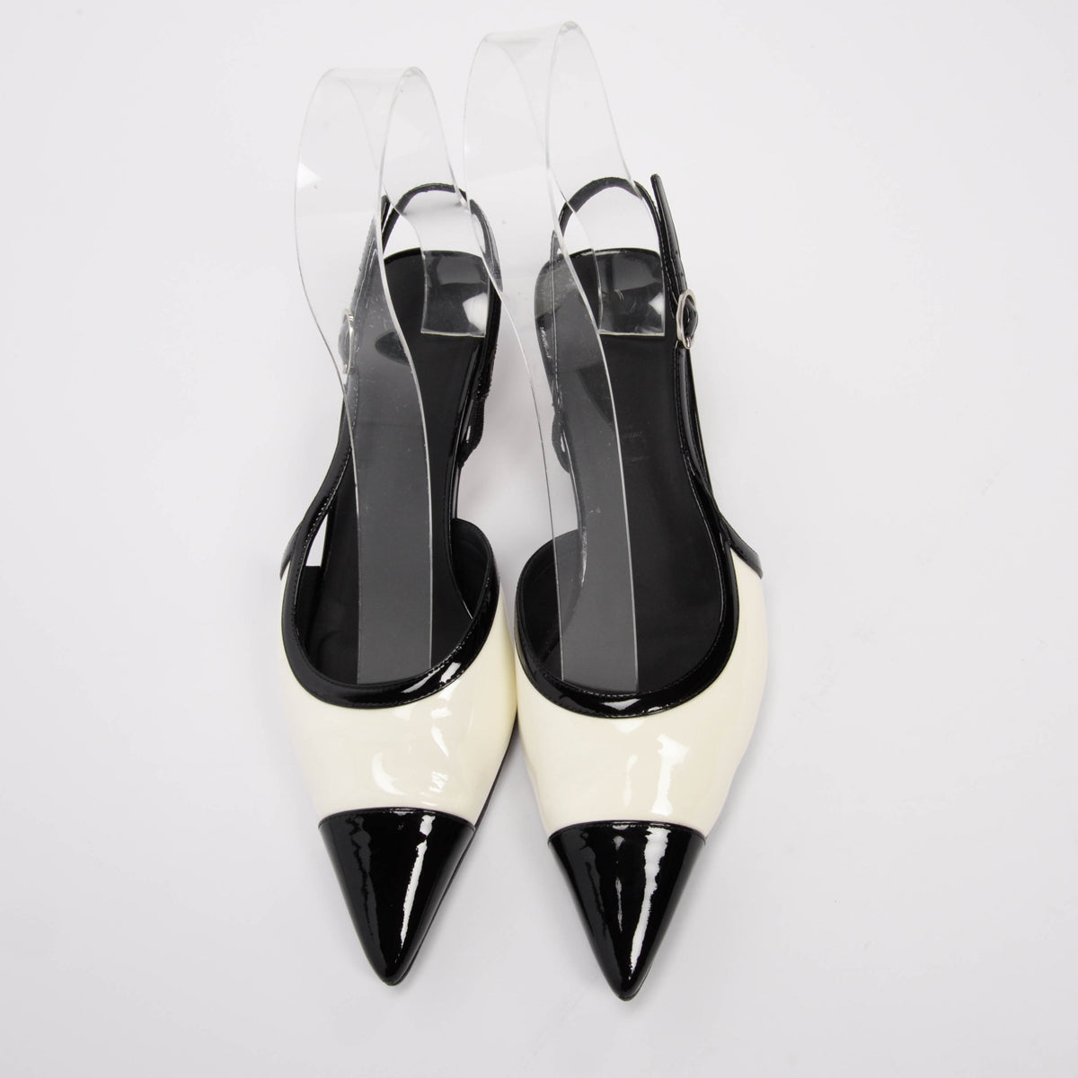Chanel Black & White Patent Cap Toe Slingback Pumps 39.5