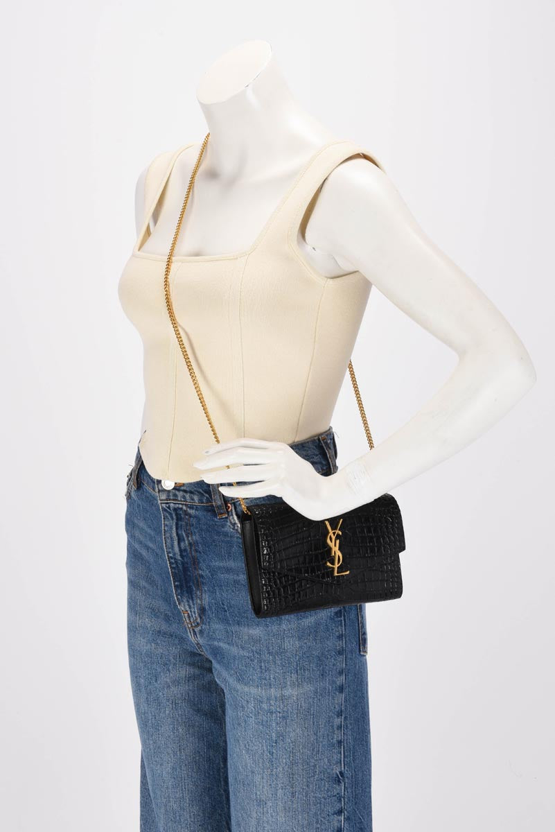 Saint Laurent Black Croc Embossed Uptown Chain Wallet