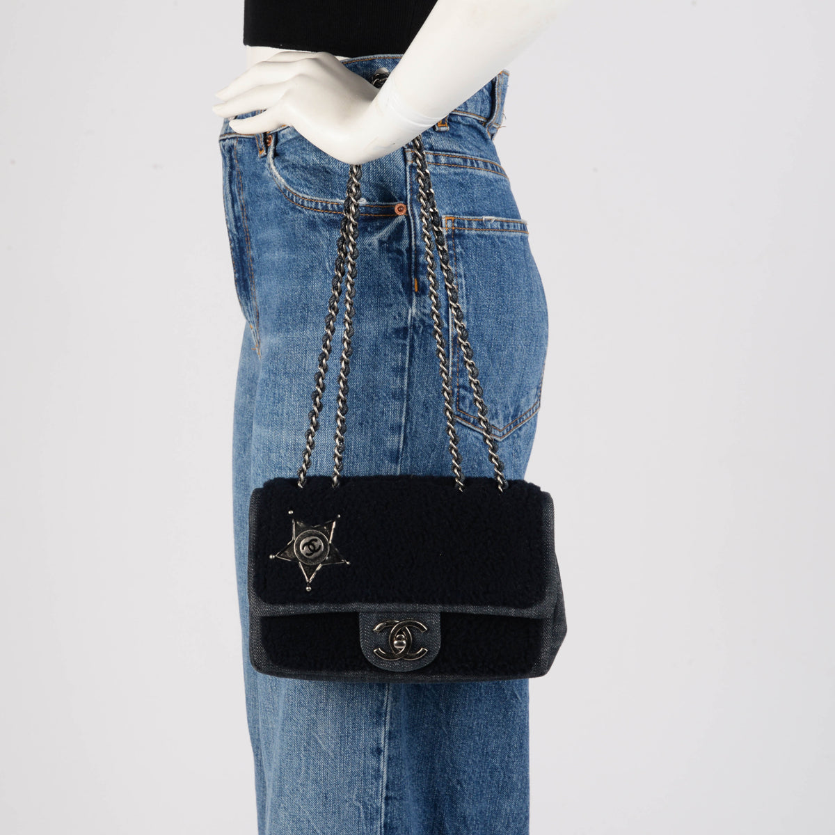 Chanel Navy Denim & Shearling Paris to Dallas Small Flap Bag