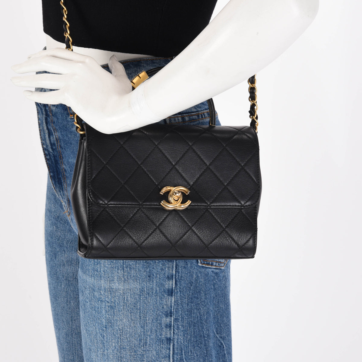 Chanel Black Calfskin Pearl Logo Top Handle Flap Bag