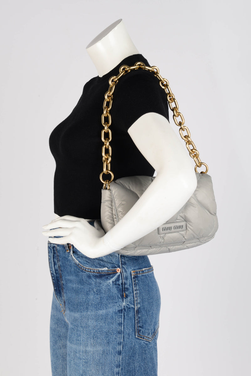 Miu Miu Grey Padded Nylon Chain Shoulder Bag
