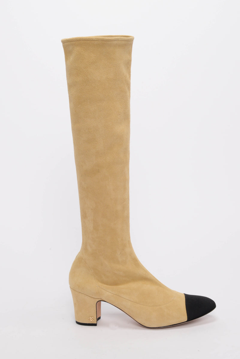 Chanel Beige Stretch Suede Knee Length Boots 40.5