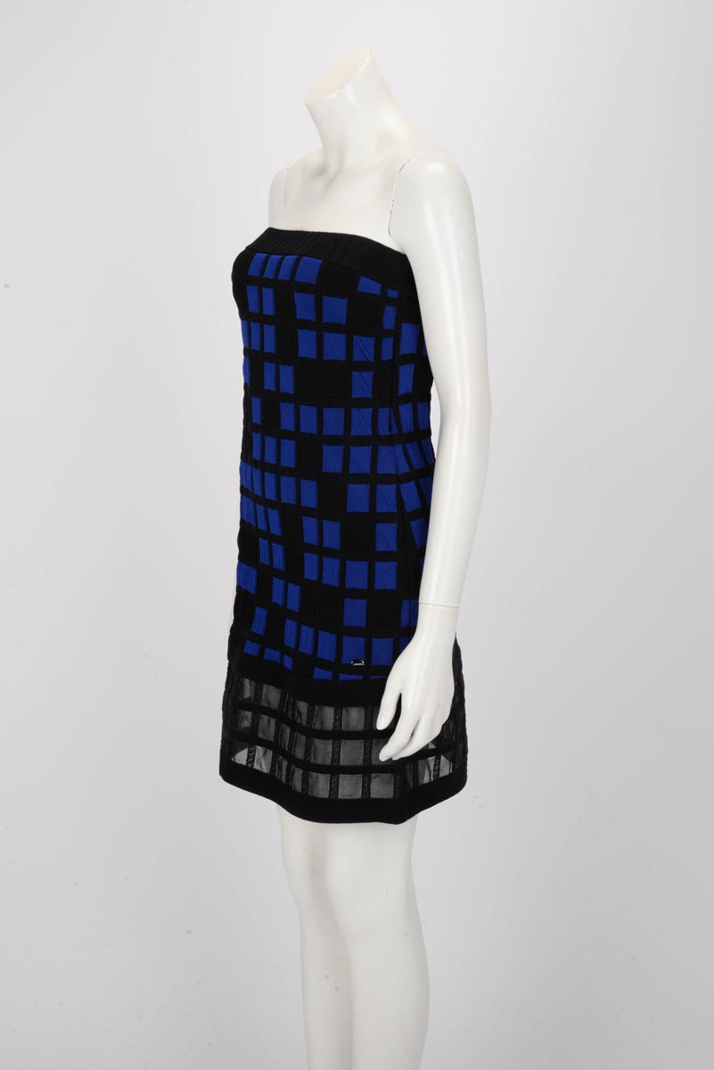 Chanel Black & Blue Check Intarsia Strapless Dress FR 38