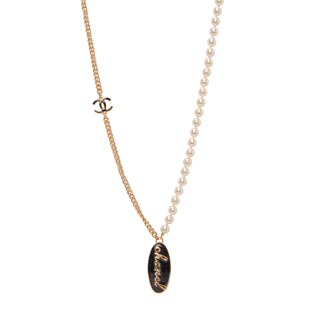 Chanel Gold & Black Pearl Logo Pendant Necklace