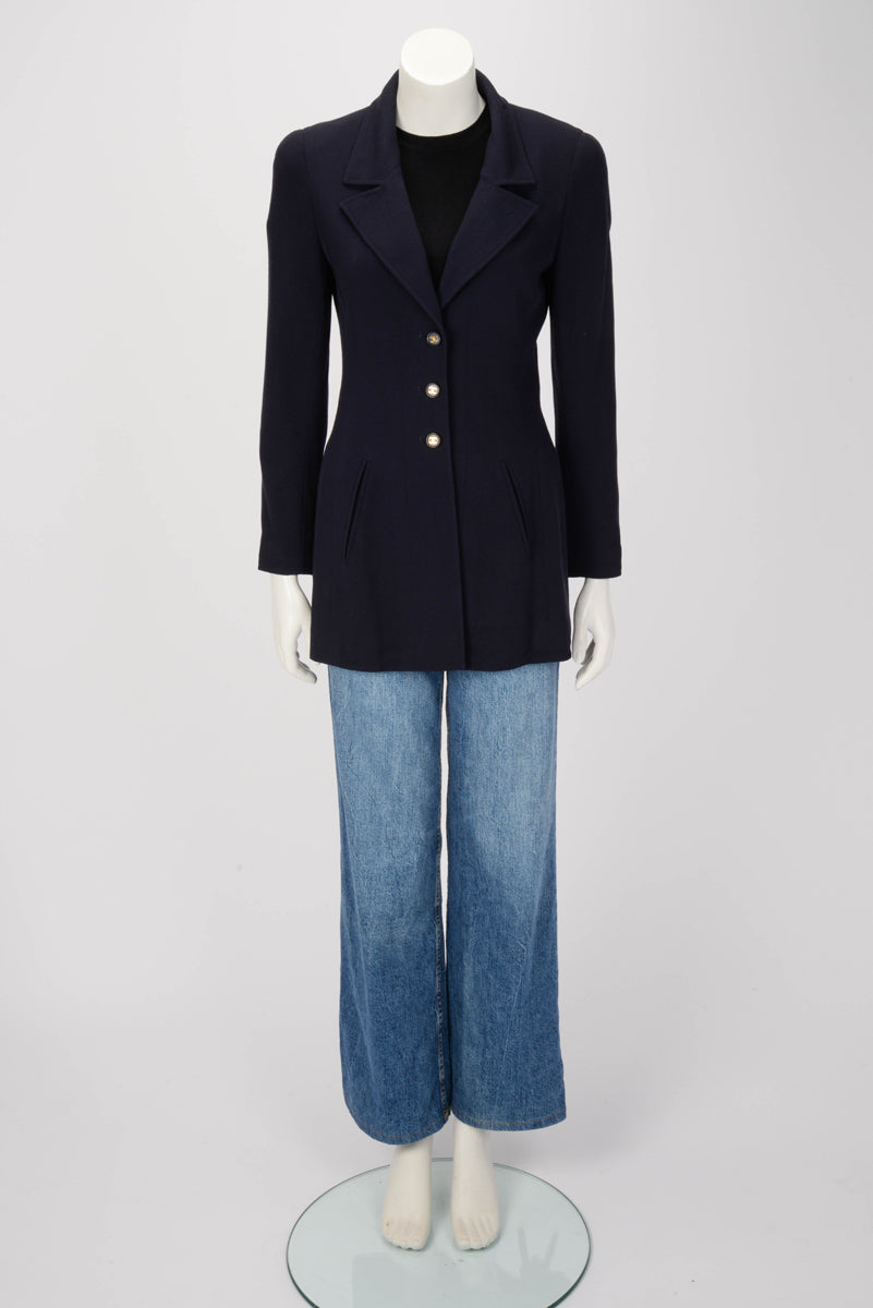 Chanel Navy Wool Twill Long Line Jacket FR 38