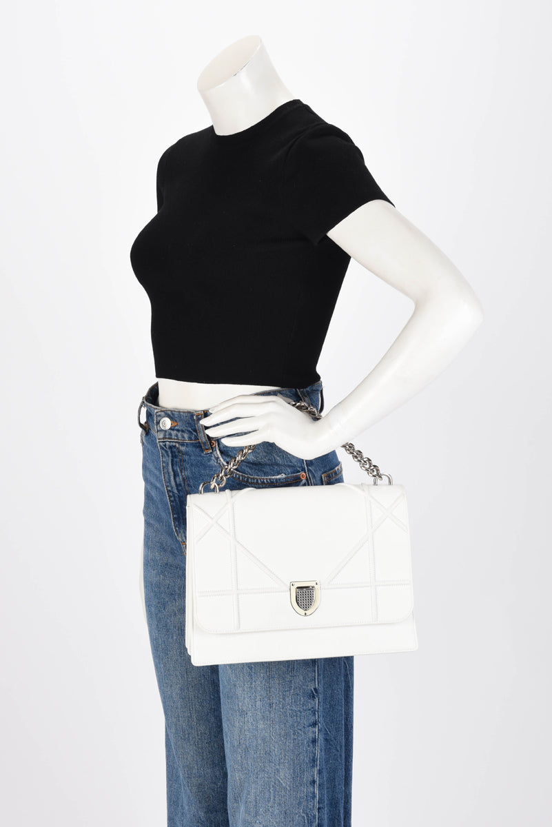 Dior White Grained Calfskin Diorama Flap Large Bag