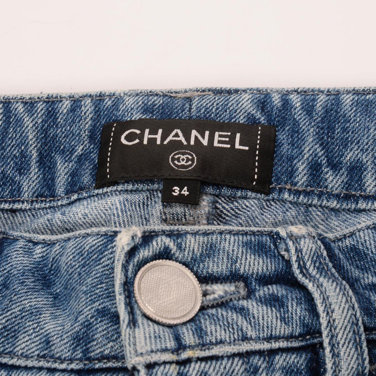 Chanel Blue Denim CC Print Ankle Zip Jeans FR 34