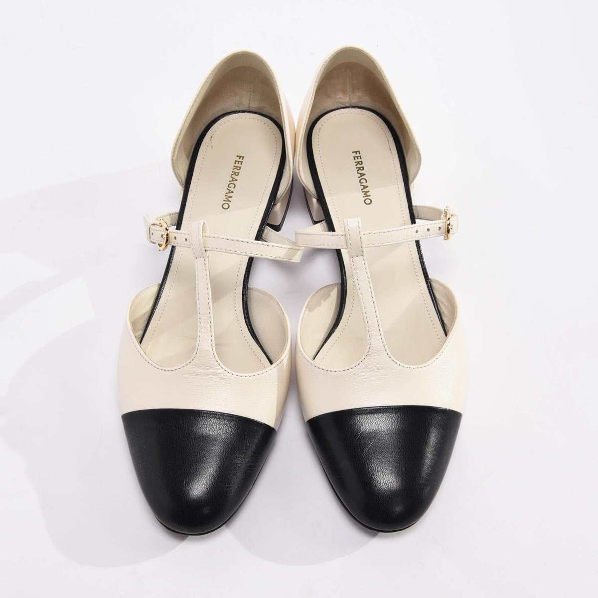 Ferragamo White & Black Goatskin Linette Cap Toe Mary Janes 6