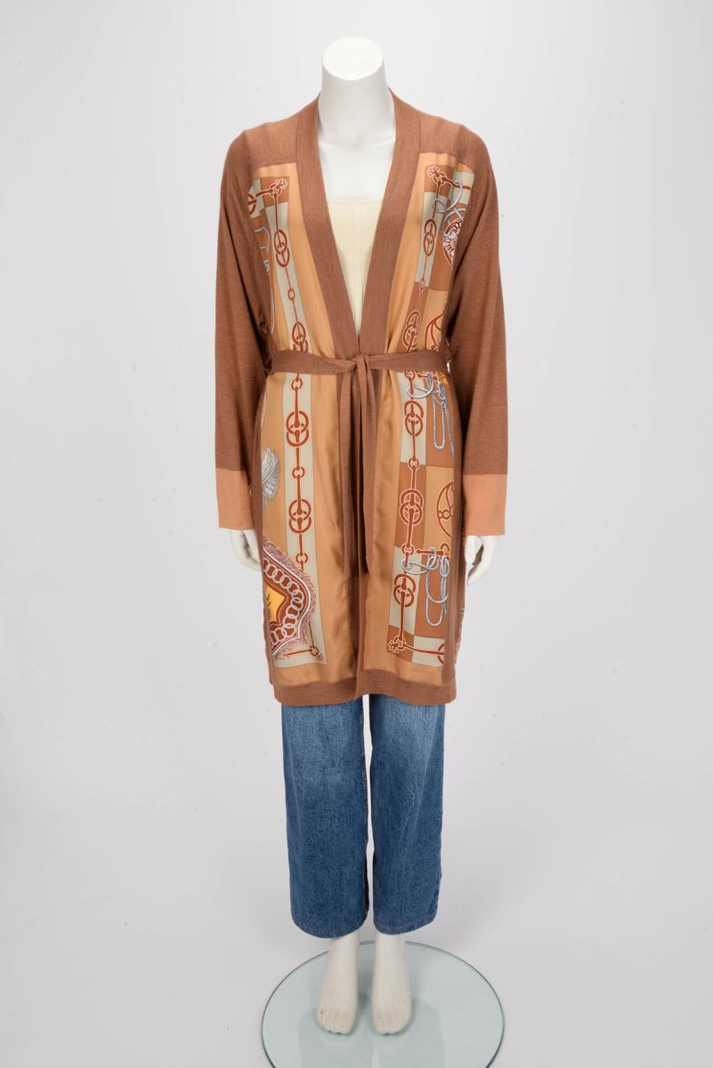 Hermes Brown Silk & Cashmere Cliquetis Belted Cardigan FR 42