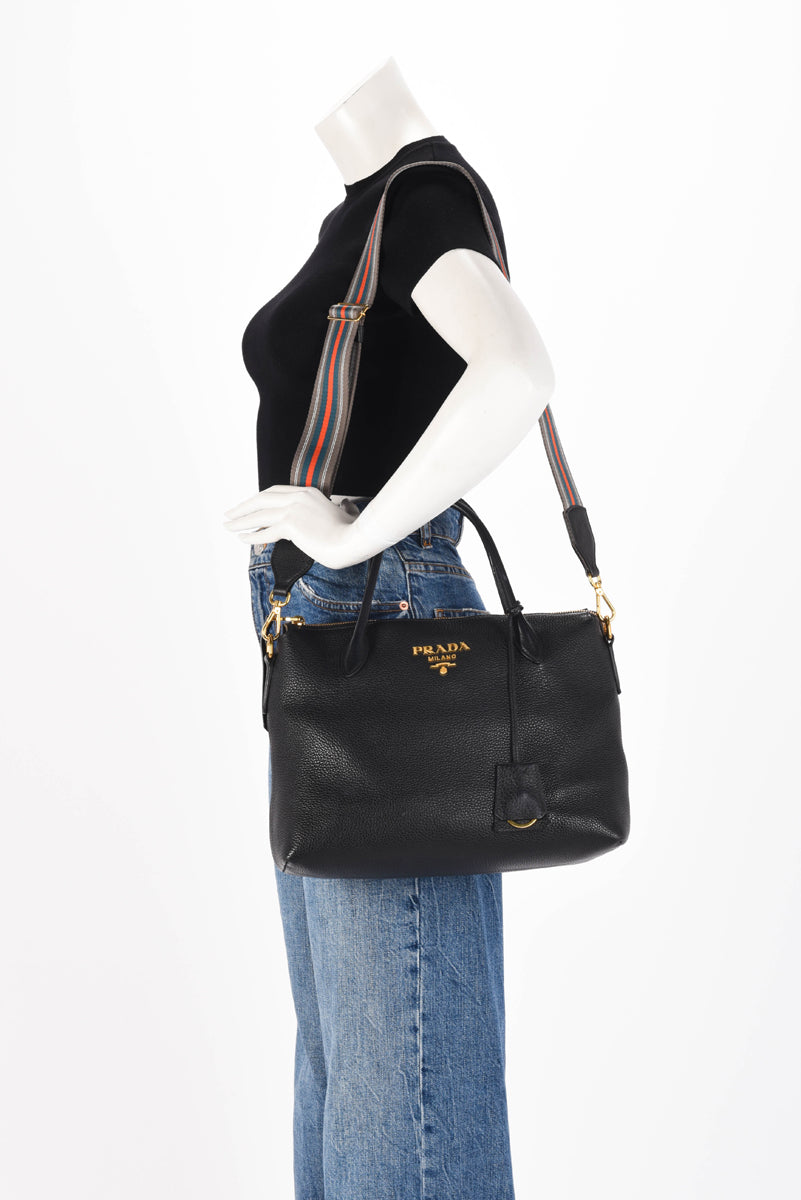 Prada Black Vitello Daino Top Handle Shoulder Bag