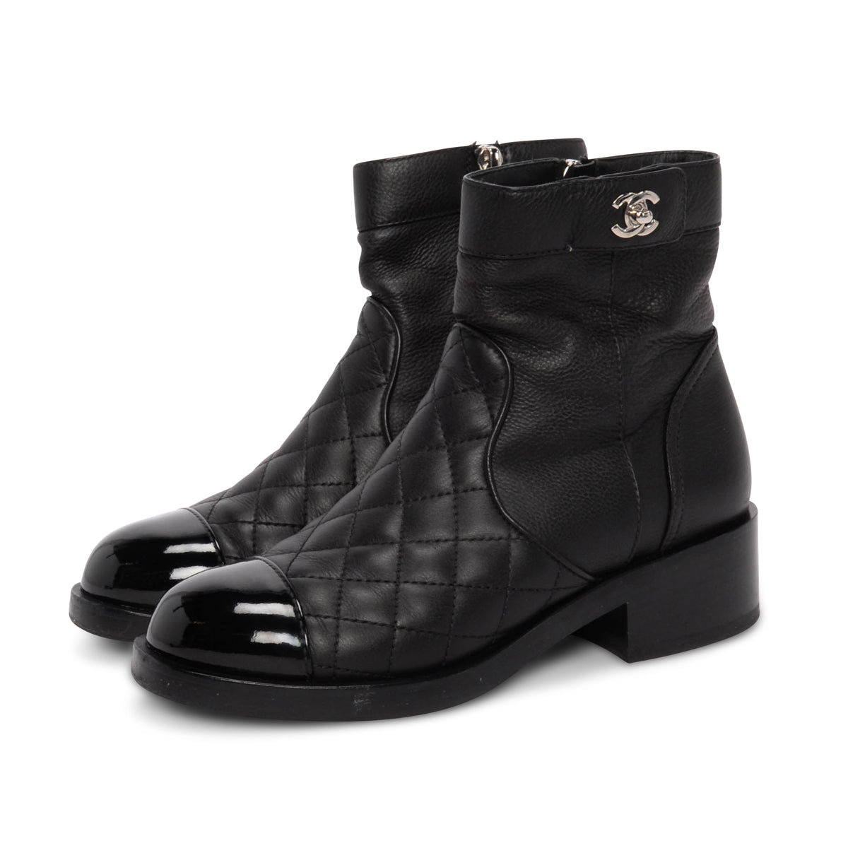 Chanel Black Calfskin & Patent Cap Toe Ankle Boots 36