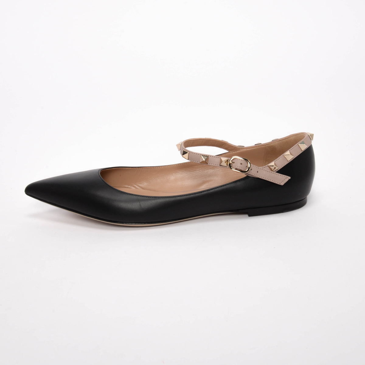 Valentino Black & Poudre Calfskin Rockstud Ankle Strap Ballerina Flats 41